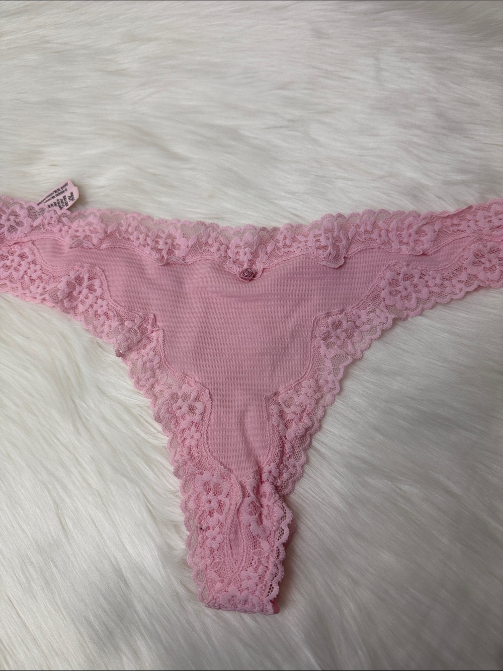 NWT Victoria's Secret Pink Cotton Sheer Stripe & Lace Thong with Pink Rose Sz L